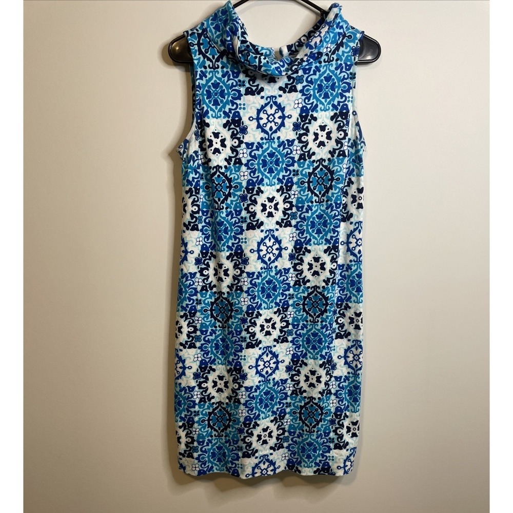 Talbots Blue Tile Print Shift Dress Sleeveless Preppy Coastal Size S